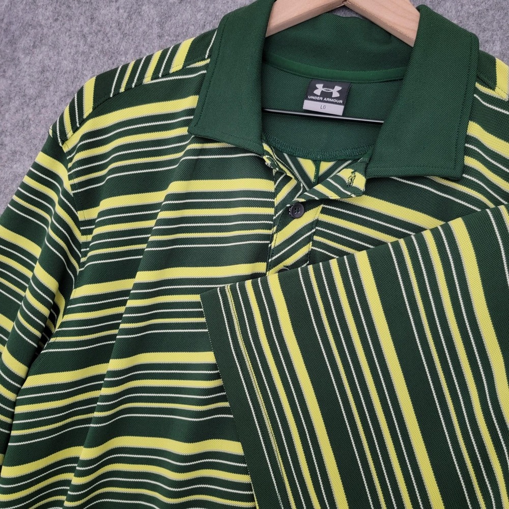 Under Armour Polo Shirt Mens Large Green Yellow Striped Performance Golf Logo - Picture 3 of 11